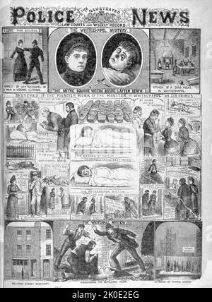 Zeitungsbericht von 1888 über den berüchtigten, nicht identifizierten Serienmörder Jack the Ripper, der vermutlich von Ende August bis Anfang November 1888 mindestens fünf Frauen in den Londoner Bezirken Whitechapel und Spitalfields getötet und verstümmelt haben soll. Stockfoto