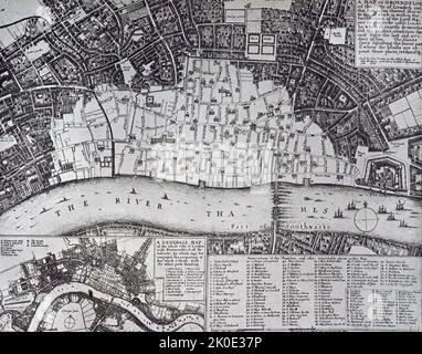Hollars Karte von London, 1666, zeigt das Gebiet, das vom großen Feuer von London verschlingt wurde. Stockfoto