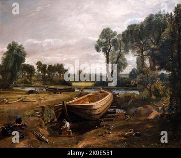 Bootgebäude in der Nähe von Flatford Mill, von John Constable (1776-1837) 1815. Zeigt den Bau eines Lastkahnes an einem Trockendock von Constable's Vater gehört. Stockfoto