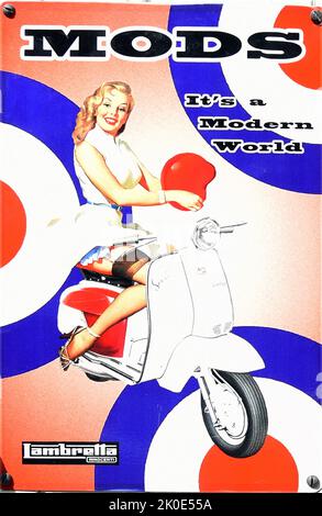 Werbung für den Motorroller Innocenti Lambretta 125. 1963. Lambretta ist der Markenname hauptsächlich von Motorrollern, die ursprünglich in Mailand, Italien, von Innocenti hergestellt wurden. Stockfoto