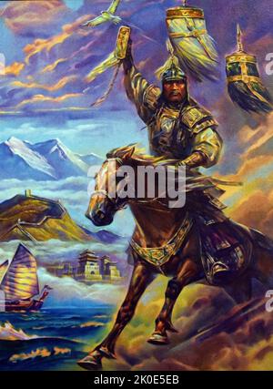 Dschingis Khan (ca. 1158 - 1227), geborener Temujin, der Gründer und erste große Khan (Kaiser) des mongolischen Reiches, das nach seinem Tod zum größten zusammenhängenden Reich der Geschichte wurde. Er kam an die Macht, indem er viele der nomadischen Stämme Nordostasiens Vereinigte. Stockfoto