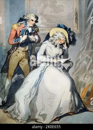 Tom Jones und Sophia Western von Thomas Rowlandson 1792. Thomas Rowlandson (13. Juli 1757 - 21. April 1827) war ein englischer Künstler und Karikaturist der georgischen Ära, bekannt für seine politische Satire und soziale Beobachtung. Stockfoto