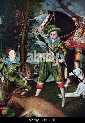 Henry Frederick (1594-1612), Prinz von Wales, mit Sir John Harington (1592-1614), im Jagdfeld von Robert Peake dem Älteren. Stockfoto
