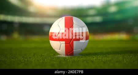 Fußballball mit der Flagge Englands auf dem Feld des Fußballstadions und Platz für Namen von Fußballvereinen. Fußballmeisterschaft von England Konzept. 3D Stockfoto