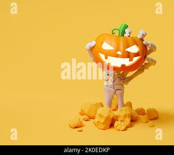 Knöcherne Hände halten Halloween Kürbisse. 3D Abbildung Stockfoto