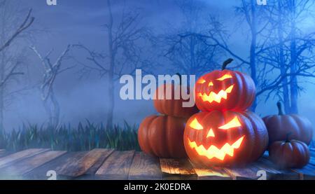 Ein gruseliger halloween-Kürbis, Jack O Lantern, mit einem bösen Gesicht und Augen auf einem hölzernen Fluss. 3D Abbildung Stockfoto