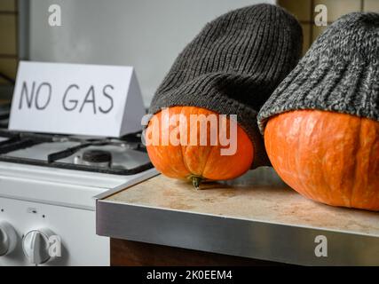 Kürbisse im Winter stricken Hut an Halloween im kalten Haus, teures Gas und Strom zum Heizen, lustiges Gemüse sind gefroren. Energiekrise, danke Stockfoto