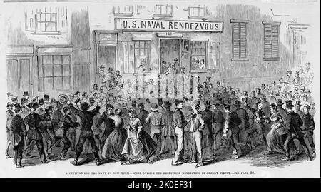 Recruiting for the Navy in New York - Szene vor dem Recruiting Rendezvous in der Cherry Street, Mai 1861. Illustration des amerikanischen Bürgerkriegs des 19.. Jahrhunderts aus Frank Leslie's Illustrated Newspaper Stockfoto