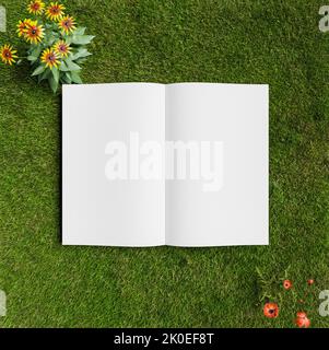 Buch auf der Draufsicht Grasfeld öffnen, weißes Buch Modell Design, 3D Abbildungen Rendering Stockfoto
