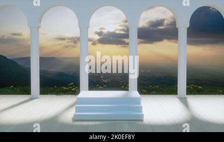 Weiches weißes Podium im großen Gebäude, 3D-illustration Stockfoto