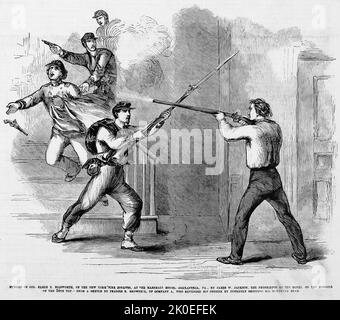 Mord an Oberst Elmer Ephraim Ellsworth an den New York Fire Zouaves im Marshall House, Alexandria, Virginia, von James W. Jackson, dem Hotelbesitzer, am Morgen des 24.. Mai 1861. Illustration des amerikanischen Bürgerkriegs des 19.. Jahrhunderts aus Frank Leslie's Illustrated Newspaper Stockfoto