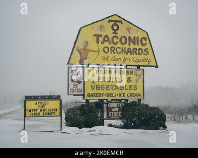 Taconic Orchards während eines Schneesturms, Hudson, New York Stockfoto