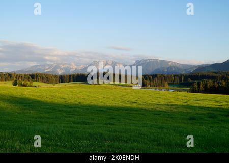 Wanderweg mit Blick auf den malerischen Attlesee in den bayerischen Alpen, Nesselwang, Allgäu oder Allgau, Deutschland Stockfoto