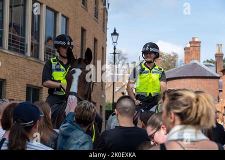 Windsor, Großbritannien. 11.. September 2022. Besucher in Windsor waren heute begeistert, zu stoppen und grüßen die Thames Valley Police Horses, die in der Stadt im Einsatz sind. Quelle: Maureen McLean/Alamy Live News Stockfoto