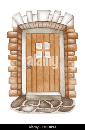 Vordertür und überdachte Veranda des neuen Hauses außen: Massivholztür Aquarell Illustration Stockfoto