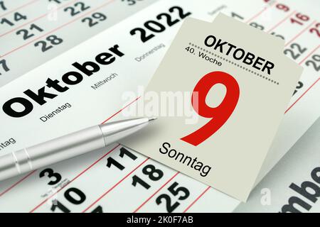 Deutscher Kalender 2022 Oktober 9 Sonntag Woche 40 und Wochentage Stockfoto