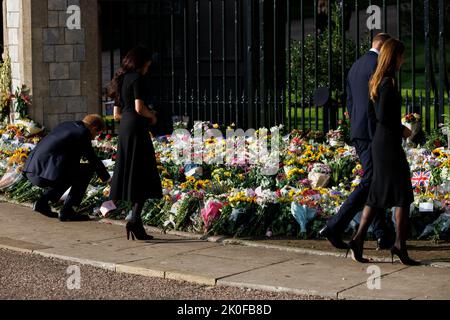 William Prince of Wales und Catherine Princess of Wales, begleitet von Harry, Herzog von Sussex und Meghan Herzogin von Sussex, schauen sich Blumen auf der langen Länge an Stockfoto