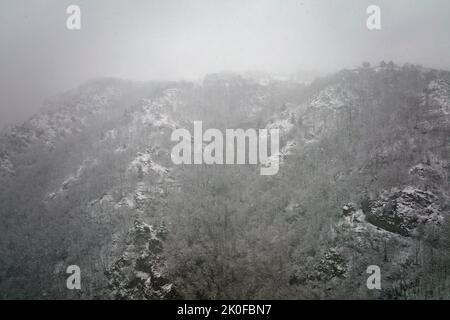 Luftige neblige Landschaft mit Bergklippen bedeckt mit frischem Schnee während heftigem Schneefall im Winter Bergwald an kalten, ruhigen Tag Stockfoto