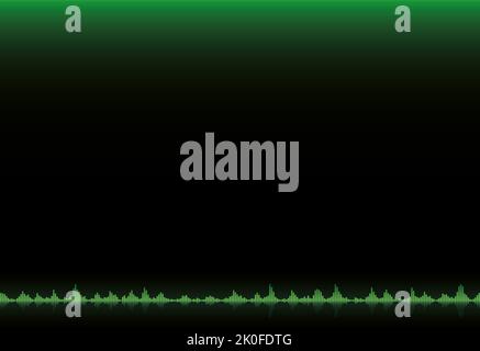 Equalizer-Balken, grüne Schallwellenamplitude, Lautstärkewelle, Tonfrequenzskala auf grünem und schwarzem Gradientenhintergrund. Stockfoto