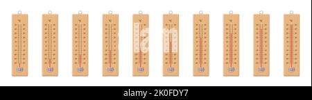 Thermometer mit steigenden Temperaturwerten von minus vierzig bis plus fünfzig Grad celsius. Meteorologisches Instrument aus Holz mit unterschiedlichen Messwerten. Stockfoto