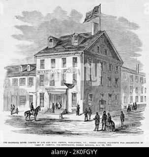 Das Marshall House, Ecke Pitt und King Street, Alexandria, Virginia, wo Colonel Elmer Ephraim Ellsworth von James W. Jackson, dem Secessionisten, ermordet wurde, 24. Mai 1861. Illustration des amerikanischen Bürgerkriegs des 19.. Jahrhunderts aus Frank Leslie's Illustrated Newspaper Stockfoto