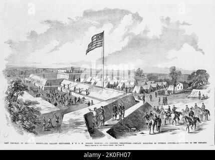 Fort Corcoran, auf Arlington Heights, Virginia - die tapfere Sixty-Ninth, New York State Miliz, Graben Gräben und Aufrichten von Brustwerken - Firmeninspektion durch überlegene Offiziere - Georgetown in der Ferne. Juni 1861. Illustration des amerikanischen Bürgerkriegs des 19.. Jahrhunderts aus Frank Leslie's Illustrated Newspaper Stockfoto