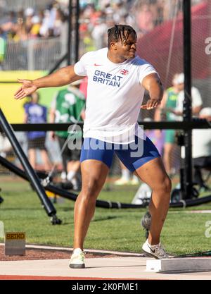 Lawrence Okoye von GB&NI, der am 17.. Juli 2022 im Männerdiskus bei den Leichtathletik-Weltmeisterschaften in Hayward Field, Eugene, Oregon, USA, teilnimmt. P Stockfoto