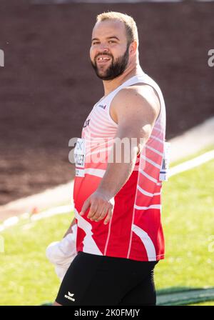 Lukas Weisshaidinger aus Österreich tritt am 17.. Juli im Männerdiskus bei den Leichtathletik-Weltmeisterschaften, Hayward Field, Eugene, Oregon USA, an Stockfoto