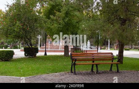 Holzbank in einem Stadtpark ohne Menschen. Stockfoto