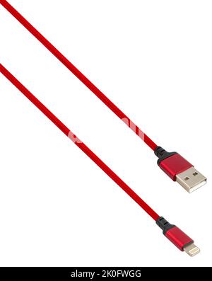 Kabel mit USB- und Lightning-Anschluss, isoliert auf weißem Hintergrund Stockfoto