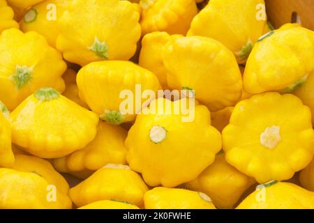 Oberhalb des gelben Pattypan-Sommerkürks, der auf dem Farmer's Market zum Verkauf gestapelt wurde. Stockfoto