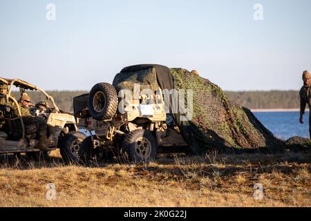 US-Marineinfanteristen der Marine Expeditionary Unit 22. bereiten sich auf eine amphibische Landung von Elementen der Task Force 61 Naval Amphibious Forces Europe/2. Marine Division (TF-61/2) in Saaremaa, Estland, während DER DEFENDER-Europe am 21. Mai 2022 und Estnischer IGEL 22 vor. DEFENDER-Europe 22 ist eine Reihe von multinationalen Trainingsübungen der US Army Europe und Africa im Rahmen des großen globalen Trainingskonstrukts des US European Command, das in Osteuropa stattfindet. DEFENDER-Europe 22 demonstriert die Fähigkeit der US Army Europe und Afrikas, großflächige Bodenkampfeinsätze über mehrere Thea hinweg durchzuführen Stockfoto