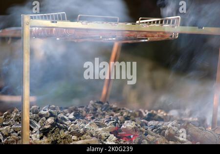 Köstliches gegrilltes Fleisch, das auf dem Grill im Freien über den brennenden Kohlen brutzelt Stockfoto