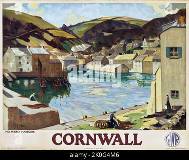 P.M. Hill Artwork - Reiseposter CORNWALL, POLPERRO HARBOUR, GWR 1935 Stockfoto