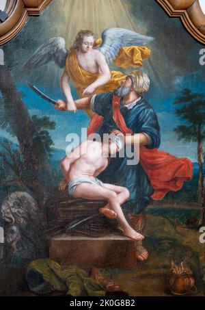Gemälde von Abraham, der seinen Sohn Isaak auf dem Berg Moriah opfern will. Kirche der Heiligen Cosmas & Damian in Clervaux, Luxemburg. Stockfoto