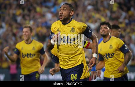 Union's Loic Lapoussin feiert nach einem Treffer bei einem Fußballspiel zwischen RUSG Royale Union Saint-Gilloise und KRC Genk am Sonntag, 11. September 2022 in Forest-Vorst, Brüssel, am 8. Tag der „Jupiler Pro League“ der ersten Division der belgischen Meisterschaft 2022-2023. BELGA FOTO VIRGINIE LEFOUR Stockfoto