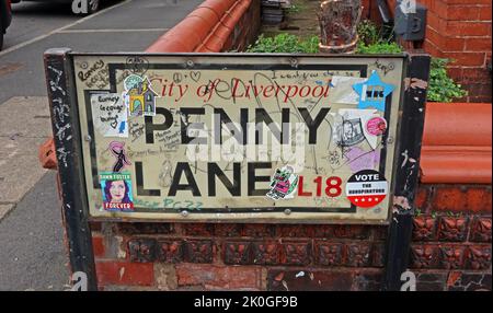 City of Liverpool Street sign Penny Lane, in L18, Merseyside, wurde im Februar 1967 von den Beatles als Doppel-A-Side Single veröffentlicht Stockfoto