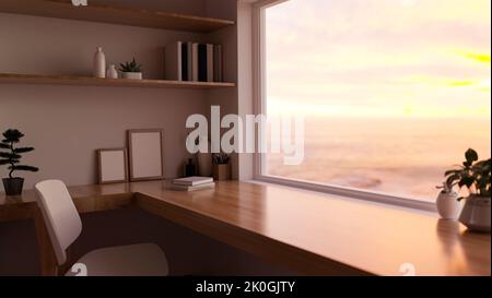 Modernes luxuriöses, komfortables Strandhaus, Arbeitszimmer, Innendesign mit luxuriösem Holzschreibtisch gegen den wunderschönen Sonnenuntergang mit Blick auf den Strand durch das W Stockfoto