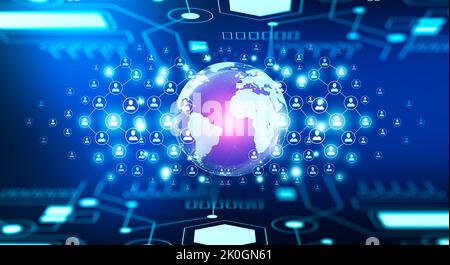 World Business, People und Network Connection Konzept. Globale Verbindung mit der Verbindung von Menschen umkreist die Welt. Codeprogrammierung. Stockfoto