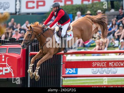 Calgary, Alberta, Kanada, 11. September 2022. Patricio Pasquel (MEX) mit Babel, CSIO Spruce Meadows Masters, - CP Grand Prix Stockfoto