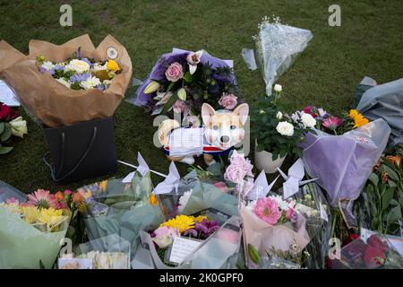 London, Großbritannien. 11. September 2022. Ein Corgi-Spielzeug mit Botschaften und Blumen, die mit den Blumen-Tributes vor dem Buckingham Palace gesehen werden. Tausende Millionen Menschen aus der ganzen Welt kommen weiterhin zum Buckingham Palace, um Königin Elizabeth II. Zu Tribut zu zollen, die mehr als 70 Jahre auf ihrem Thron saß und am 8.. September 2022 starb. Kredit: SOPA Images Limited/Alamy Live Nachrichten Stockfoto