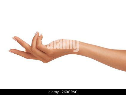 Ihre Hautprodukte wirken eindeutig Wunder. Eine junge Frau Hand isoliert auf einem weißen Hintergrund. Stockfoto