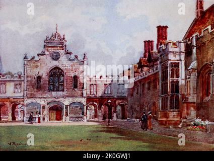 Peterhouse – The First Court Cambridge der Eingang zur Kapelle steht dem Zuschauer gegenüber. Rechts sieht man den Kombinationsraum (1460) und die Halle, durch die Klöster bekommen wir einen Blick in die Straße. Dies ist das älteste College in Cambridge, das von William Matthison, 1853-1926, im Jahr 1907 gemalt wurde Stockfoto