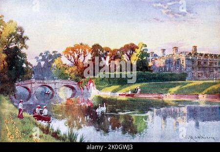 Clare College und Bridge from the Cam – Autumn Evening Cambridge, gemalt von William Matthison, 1853-1926 im Jahr 1907 Stockfoto