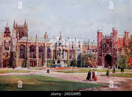 The Great Court, Trinity College Cambridge das größte an der Universität oder in Europa. Auf dem Bild rechts sehen wir das große Tor, das uns zur Kapelle zeigt. Auf der linken Seite der Kapelle ist König Edward's Gate, vierzehnten Jahrhundert gesehen. Der schöne Brunnen in der Mitte des Bildes ist im Renaissance-Stil, und wurde von Nevile im Jahr 1602 erbaut und im Jahr 1716 wieder aufgebaut, gemalt von William Matthison, 1853-1926 im Jahr 1907 Stockfoto