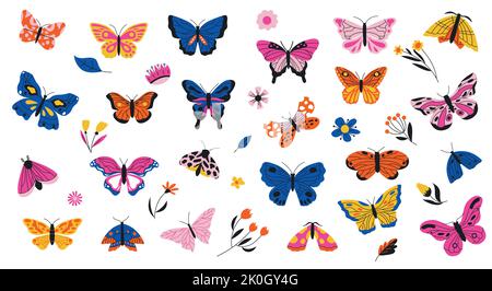 Schmetterlinge und Blumen. Exotische Motten und tropische Pflanzen, dekorative lebendige Sammlung von bunten fliegenden Insekten und Blättern im Frühling. Vektor Stock Vektor