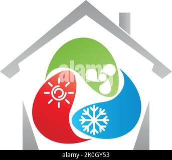 Drei Tropfen mit Sonne, Schneeflocke und Ventilator, Klimaanlage Logo Stock Vektor