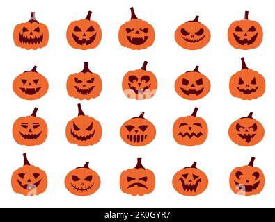 Kürbisgesichter. Cartoon Halloween Jack Figuren mit gruseligen wütenden Gesichtern, Gemüseschnitzereien für Horror Party Poster. Vector Halloween-Set Stock Vektor