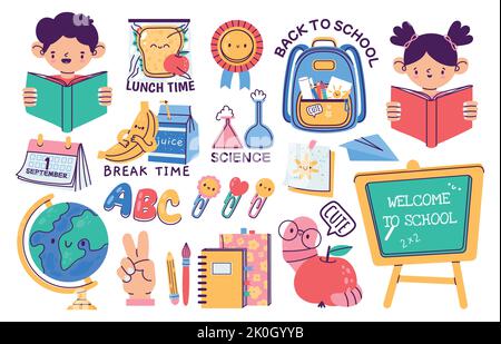 Abzeichen der Grundschule. Buch Aufkleber und Schreibwaren Versorgung für Studenten, Cartoon flache Schüler Ausrüstung Grundbildung Konzept. Vektor isoliert Stock Vektor