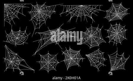 Spinnennetz. Halloween Spinnennetz Horror Gothic Silhouetten zur Dekoration, gruseliges Netz mit verworrenen hängenden Insekten. Vektor-isolierte Sammlung Stock Vektor